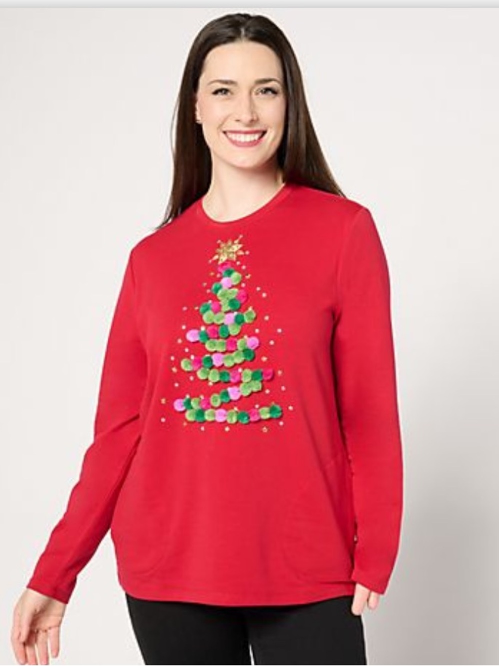 🐷🆕 Quacker Factory French Terry Pa Rum Pom-Pom Tree Long Sleeve Top QVC A671335
